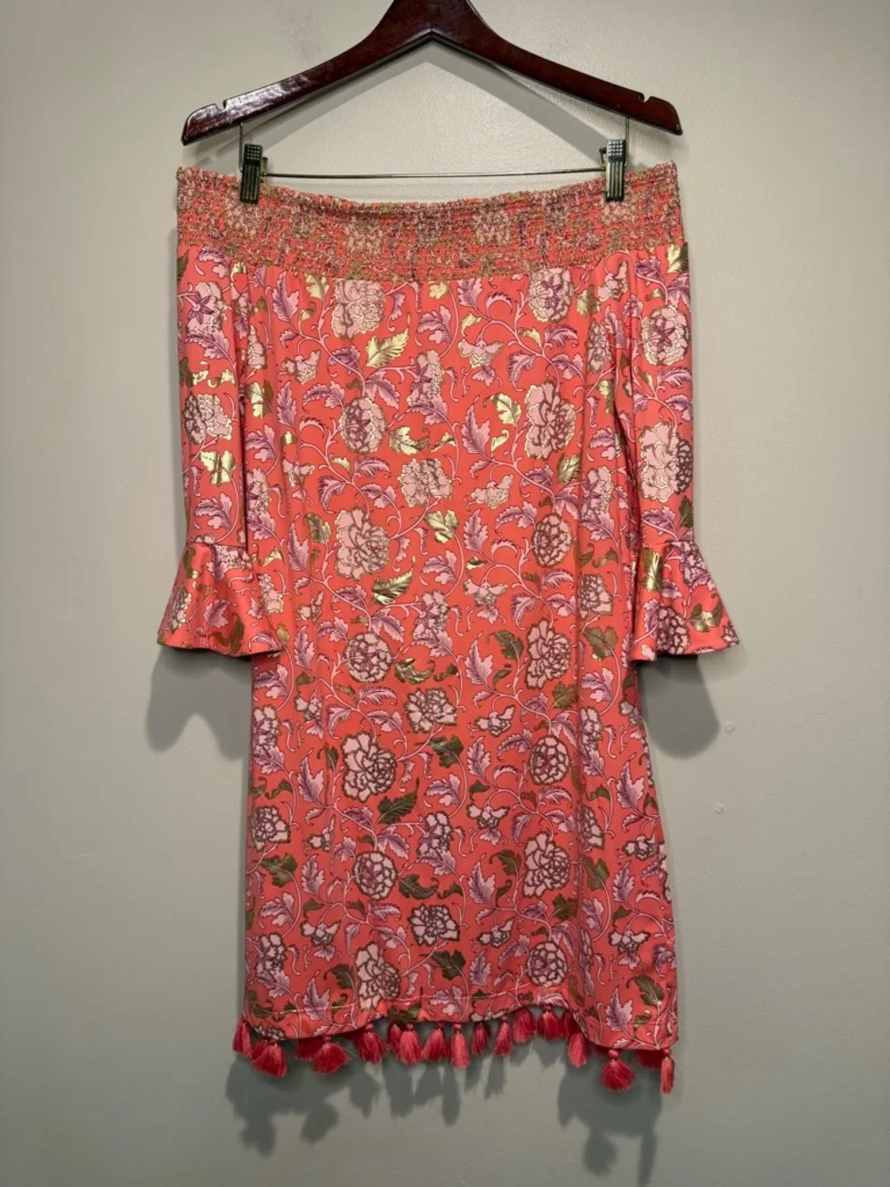 Cabana Life Dress Womens medium Off the Shoulder Tassels UPF Protection Floral